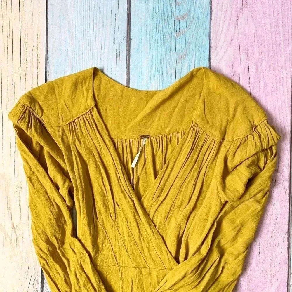Yellow free people long sleeve wrap around mini dress size xs - Picture 10 of 12
